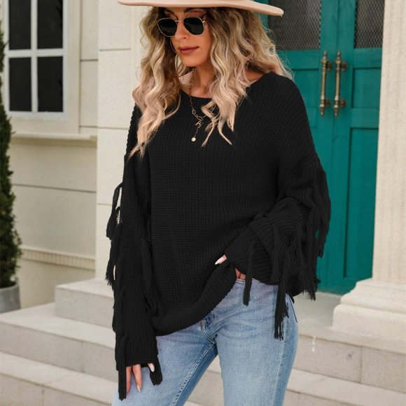 Passion of Essence Sweaters - Loose Pullover Round-Neck Tassel Long Sleeve Sweater